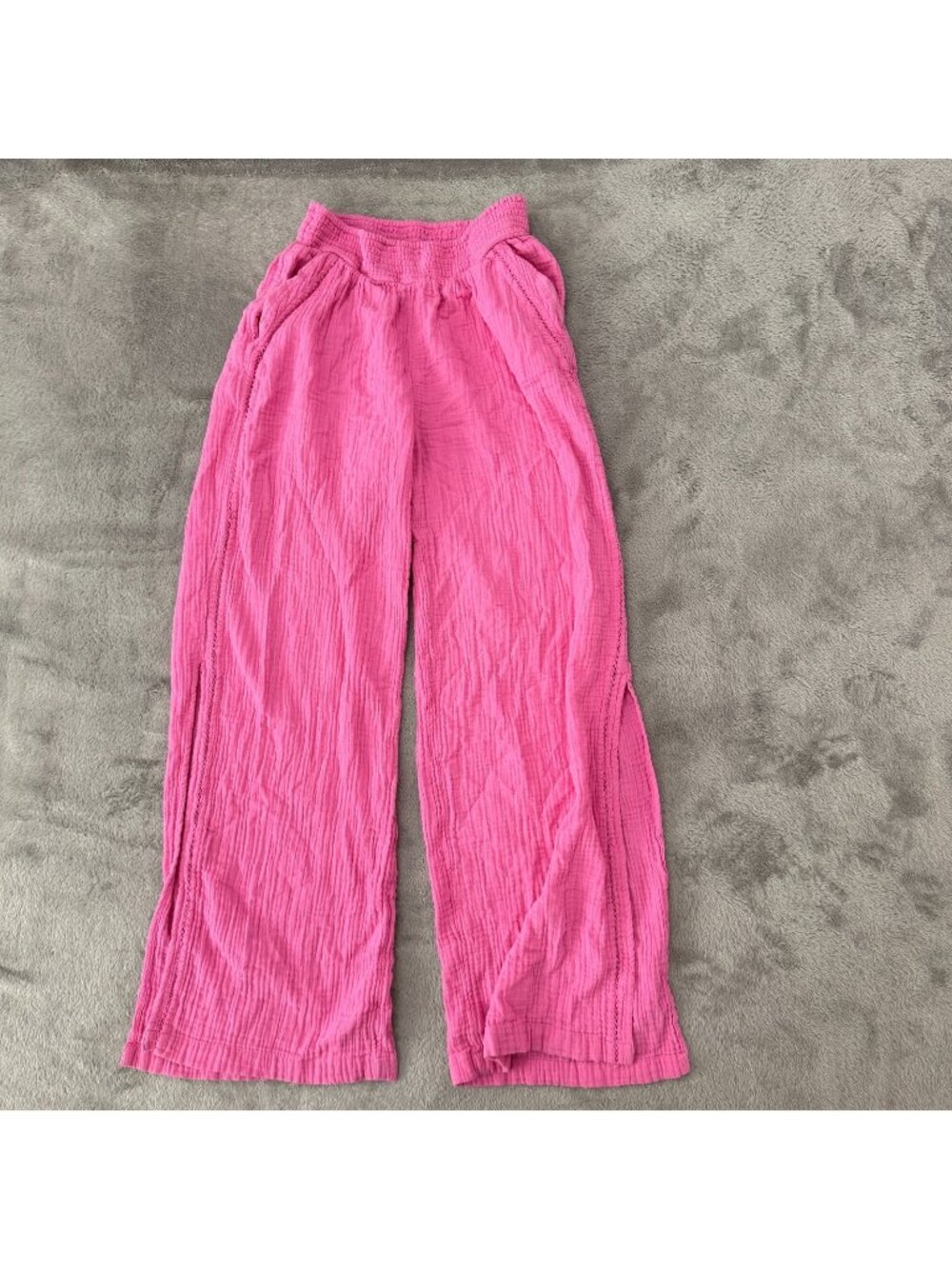 Aerie Pink Cotton Gauze Pull On Wide Leg Pants Womens SMALL Split Hem